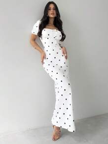 Firerie 女士优雅简约褶皱方领波尔卡圆点连衣裙，适合日常穿着和度假，夏季 - 白色 - 查看 4