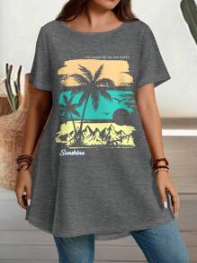 EMERY ROSE Plus Size Round Neck Regular Shoulder Short Sleeve Long T-Shirt, Mother's Days, Simple And Fashion Style, Suitable For Summer, Vacation Style, Casual Summer Vacations Woman, Boho Chic, Country Concert, Holiday Festivals, Beachs For Woman, Summers For Women,Old Money Style Women, Summer
