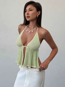 Aloruh 钩针编织夏季度假沙滩露背上衣，女士粉色 - 薄荷綠 - 查看 6