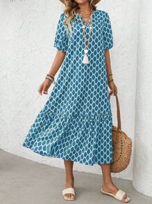 EMERY ROSE Women's Geometric Print V-Neck Short Puff Sleeve Long Dress - Blue - View 7