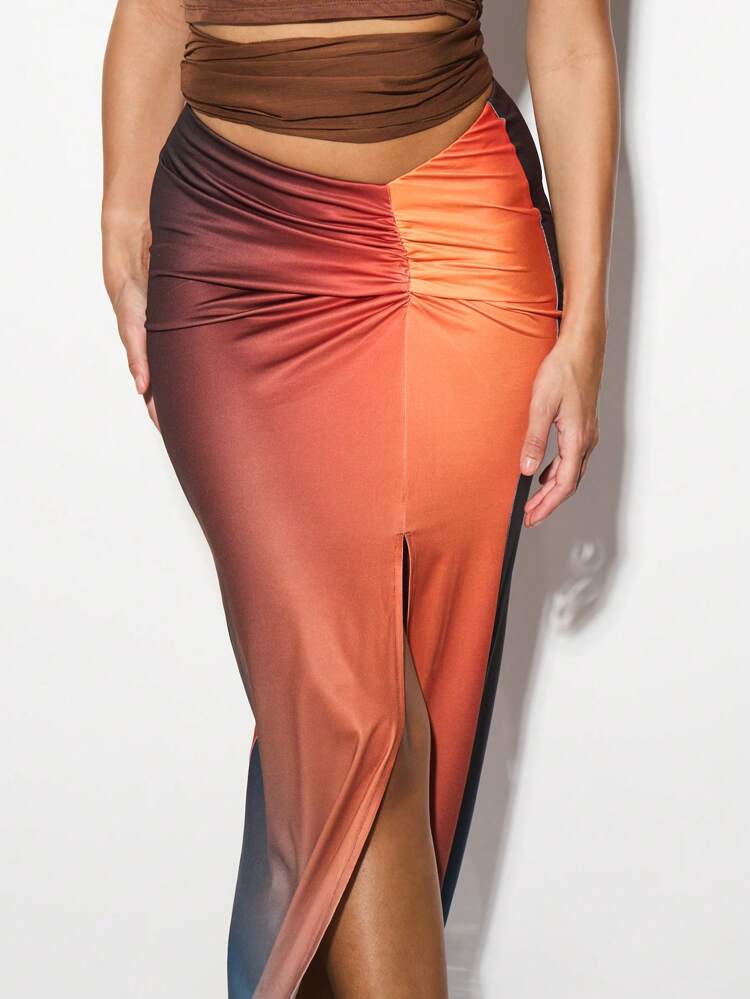 KIZN Designer Sunset Ombre Satin Maxi High Slit Ruched Side Skirt