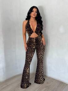 SHEIN SXY 女式街头时尚豹纹深V领无袖弹力紧身连衣裤 - 彩色 - 查看 1