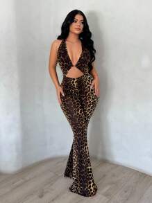 SHEIN SXY 女式街头时尚豹纹深V领无袖弹力紧身连衣裤 - 彩色 - 查看 5