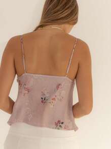 Aralina Top Baby Doll com Alças Finas, Decote em V e Renda com Estampa Floral para Férias de Verão - Rosa chiclete - Visão 2