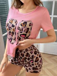 SHEIN Nuevo conjunto informal de primavera/verano de 2 piezas para jóvenes - Pijama de camiseta de manga corta de punto con estampado de leopardo rosa y shorts