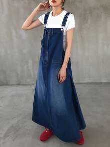 FRIFUL Women Denim Pinafore Dress, Long Skirt With Pockets, Asymmetrical Neckline - Medium Wash - View 4