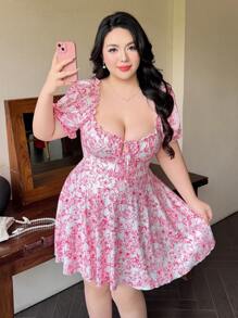 Vibekara Nuevo vestido corto elegante con estampado floral, manga de globo casual ajustada, cintura con cordón, forma acampanada, cómodo y favorecedor - Rosa - Ver 5