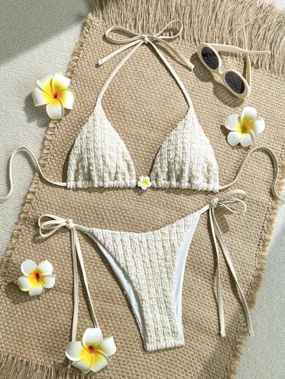 Swim Mod 2 件纯色纹理面料女士吊带三角上衣和系带侧泳短裤比基尼套装，适合夏季海滩