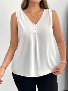 SHEIN Essnce Blusa blanca de escote en V sin mangas, de estilo minimalista, holgada, cómoda y fresca, para mujer de talla grande, de uso diario, versátil y de silueta estilizada. Top de mujer casual de negocios para el trabajo.