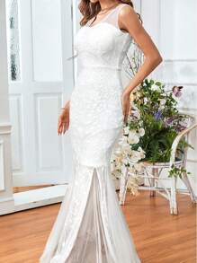 SHEIN Belle Váy dạ hội lưới sequin xẻ đùi tương phản, váy dạ hội trang trọng thanh lịch, dành cho khách dự tiệc cưới, tốt nghiệp, tiệc tối cho tiệc ngày lễ - trắng - Xem 3