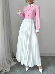 Elenzga Patchwork Button & Pleated Decor Women Dress Fall Cloth For Women