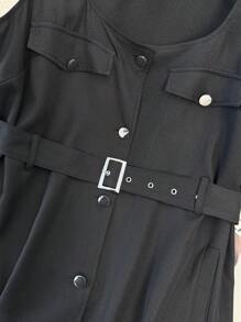 SHEIN EZwear 大码女式夏季纯色系带无袖连衣裙，配有假口袋 - 彩色 - 查看 8