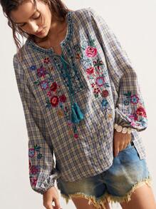 Bohemela 女士格子花卉刺绣长袖上衣 - 彩色 - 查看 1