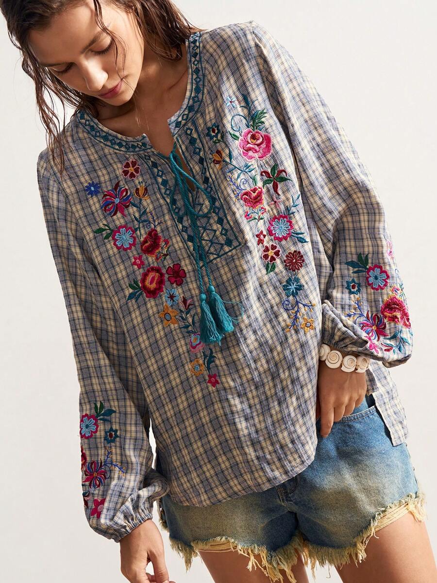 Bohemela 女士格子花卉刺绣长袖上衣 - 彩色 - 查看 1