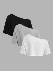 Flirla 大码三件套短袖T恤套装，黑白灰，夏季，露肩设计