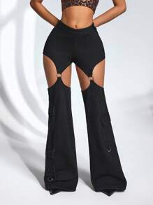 SHEIN ICON Women's Casual Hollow Out Circle Detail Flared Legs Denim Pants - Navy Blue - View 3