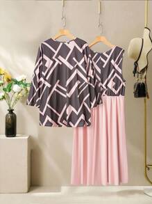EMERY ROSE Plus Size Women's Plaid Casual Elegant Round Neck 2 Pieces Set - Pink - View 2