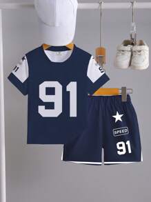 SHEIN 1 set Tenue de style sportif pour jeune garçon, T-shirt avec grand imprimé numéro "91", short avec étoiles et texte "SPEED", ensemble short à manches courtes, léger pour les activités quotidiennes, convient pour le printemps/été - Multicolore - Voir 3
