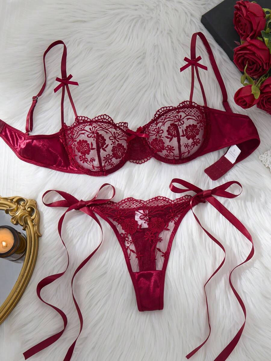 Crystal Vow 2pcs Women Burgundy Romantic Embroidery Lace-Up Sexy Lingerie Set, Thong - Burgundy - View 1