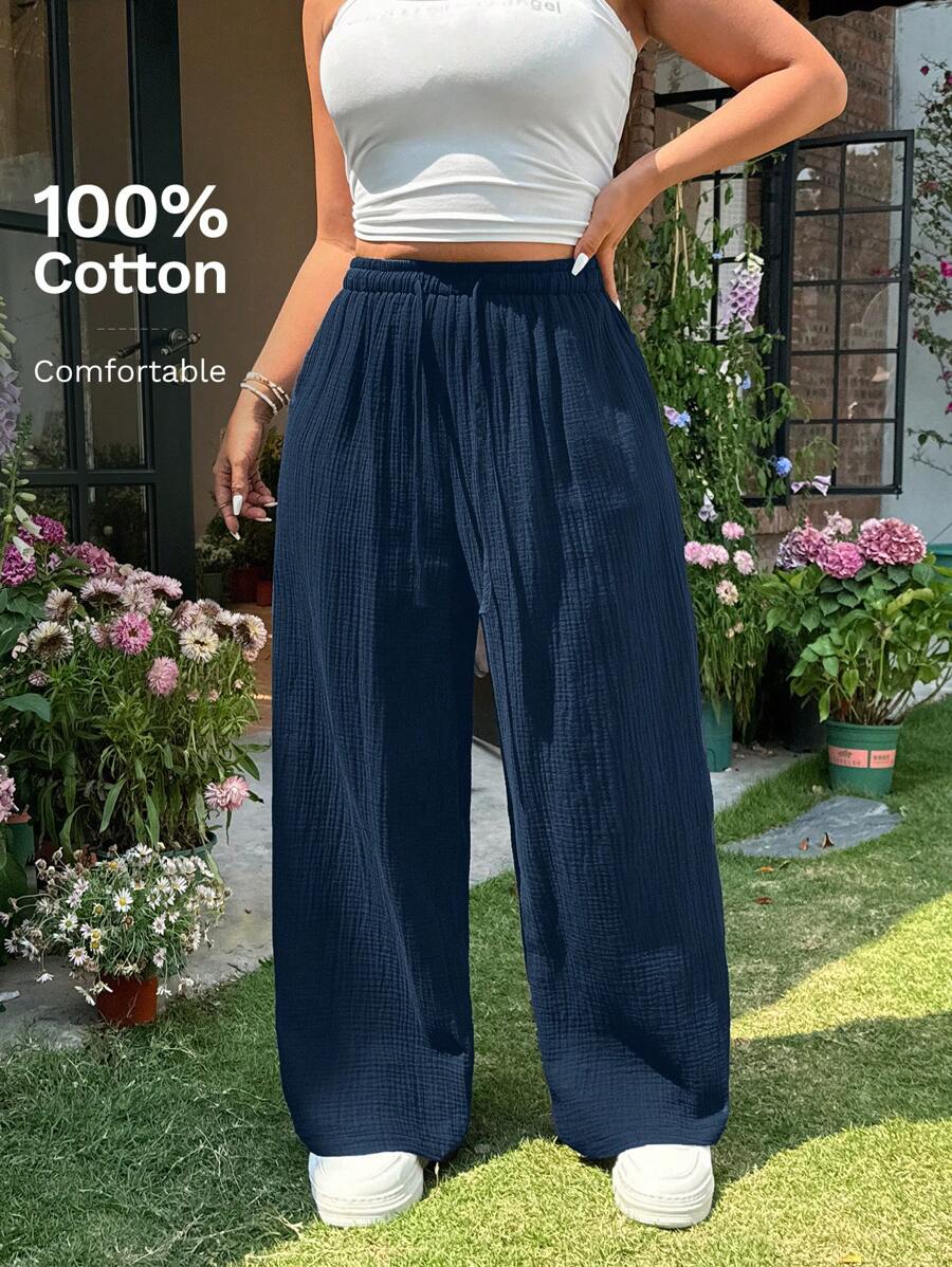 SHEIN EZwear Quần ống rộng cotton họa tiết kẻ sọc mùa hè cỡ lớn cho nữ, quần ống rộng có dây rút, thắt eo, thích hợp cho kỳ nghỉ - Màu xanh lam - Xem 1