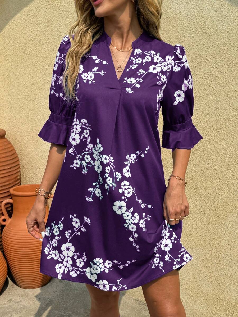 SHEIN Clasi 女士印花中袖情人节连衣裙，春夏 - 紫色 - 查看 1