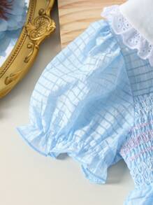 Souflis Souflis 女孩休闲舒适可爱纹理格子泡泡袖花朵荷叶边领落肩连衣裙