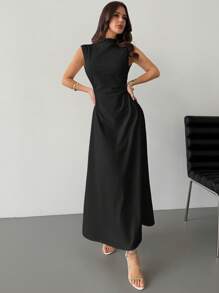 Firerie Elegant & Romantic White Ruched A-Line Maxi Dress With Stand Collar, Sleeveless & Waist Cinched, Suitable For Date, Daily Commute,Bodycon Dress - Black - View 2