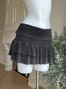 Comfortcana Women's Washed Distressed Knitted Double Ruffled Cake Skirt Suitable For Music Festivals, Daily Wear And Vacation - Black - View 3