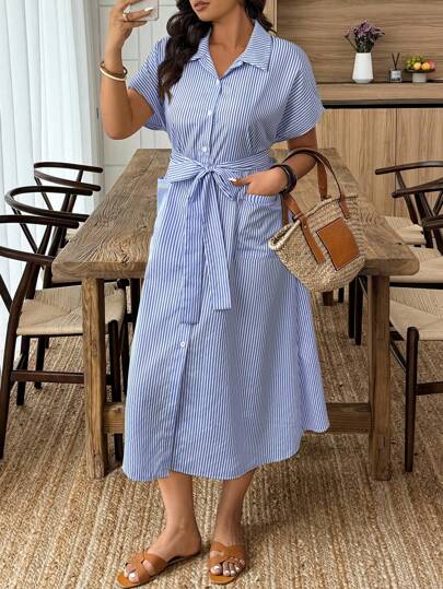 Weeklong 大码女式条纹短袖单排扣系腰衬衫裙