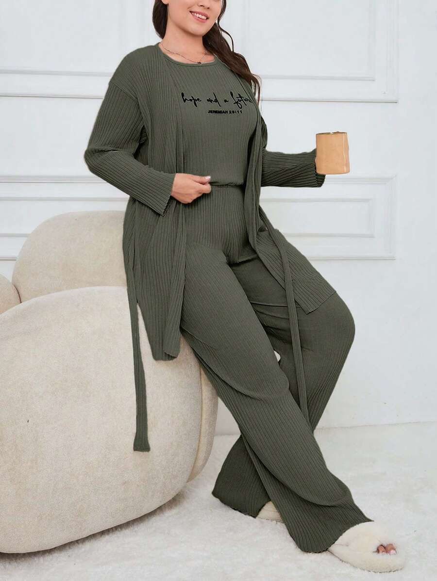 SHEIN Cottnline Cotton Women's Letter Patterned Ribbed Lounge Set - Mint Green - View 1