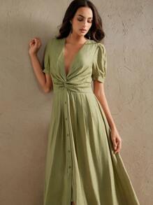 Anewsta 优雅的 V 领单排扣短袖褶皱和扭纹细节泡泡袖连衣裙，时尚精致，适合度假、节日、毕业典礼、春夏季 - 綠色 - 查看 6