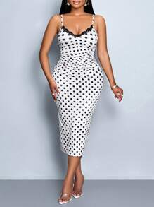 SOLERSUN 大码女装春夏优雅通勤复古性感商务老花风休闲无袖V领情人节婚礼季派对节日音乐节黑色性感蕾丝吊带腰聚拢显瘦极限腰臀比短袖包臀白色波点中长款连衣裙女 - 白色 - 查看 5