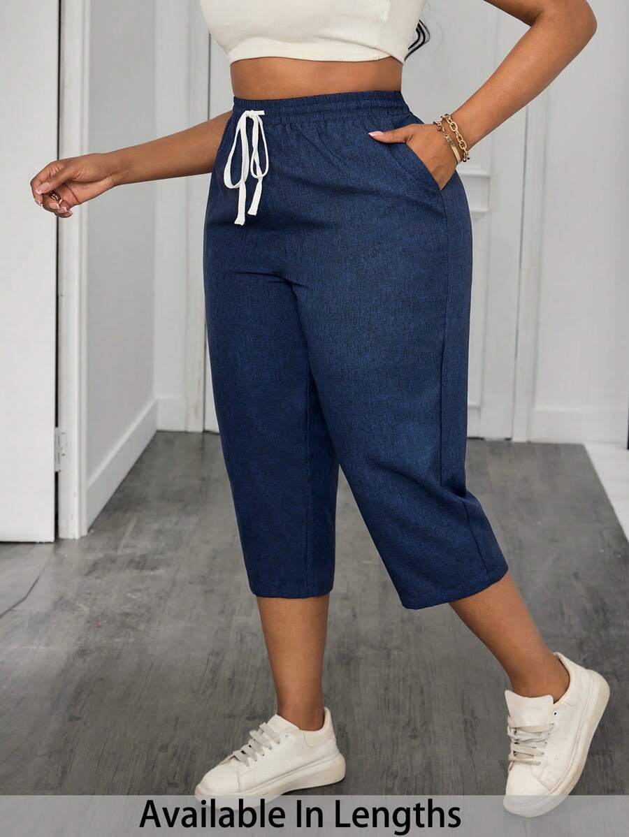 SHEIN PETITE CURVE Plus Drawstring Waist Capris Pants For Summer Vacation,Summer Pants Teacher,Pocket, Spring, Graduation Ceremony, Casual, Blue - Navy Blue - View 1