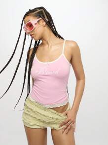 SUMWON WOMEN Lace Trim Fitted Cami Top With Embroidery Tank For Summer Spring Lounge Sleepwear Streetwear Y2K Fashion - Pink - View 1