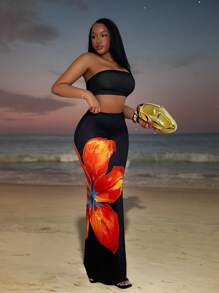 Slaydiva 2pcs 2025 New Summer Beach Holiday Everyday Sexy Cropped Tube Top + Floral Print Skirt Women Suits,Summer Sets