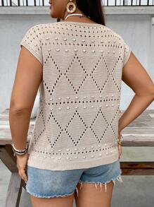 SHEIN VCAY Plus Size Women Summer Short Sleeve Crochet Knit Top 2025, Openwork Cropped Casual Island Vacation Honeymoon Vacation Beach Western Boho Rave Festival Summer Graduation