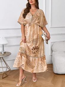 SHEIN Clasi Plus Size Elegant Printed V-Neck Waist Cinching Dress,Long Flowing Beautiful Dress Dresses For Women Summer Dresses For Women