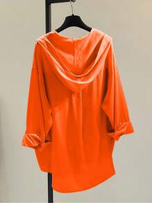 INAWLY Camisa casual con capucha de unicolor, bolsillo con solapa y botones delanteros para mujeres - Naranja - Ver 2