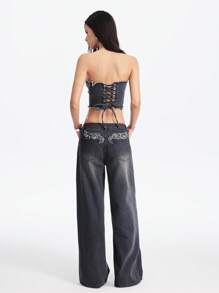 LYSMO Kamisol Denim Bodycon Wanita Warna Polos dengan Rumbai di Bagian Bawah dan Tali di Belakang - Grey - View 6