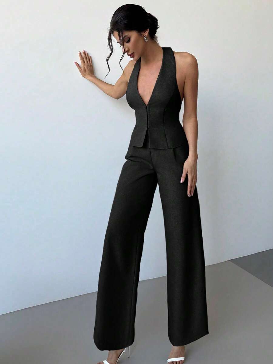 Firerie Conjunto de 2 piezas: Elegante chaleco sin mangas de lino ligero con cuello abierto y pantalones anchos de cintura alta con pliegues, traje casual elegante para ir al trabajo, primavera/verano en otoño/invierno - Negro - Ver 1
