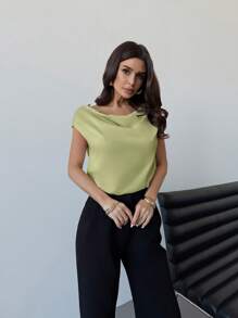 Firerie Áo cánh satin cổ vuông không tay xếp ly bất đối xứng thanh lịch, áo cánh thời trang tối giản cho đi làm hàng ngày, đi làm, hẹn hò, đám cưới, mùa xuân/hè - Màu xanh Bạc hà - Xem 5