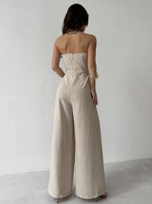 Firerie 女士优雅简约时尚日常度假音乐节亚麻抹胸褶皱阔腿连体裤，夏季 - 杏色 - 查看 6