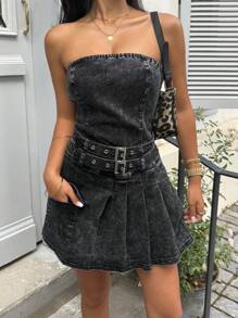 SHEIN EZwear 女士露肩荷叶边牛仔连体裤 - 藍色 - 查看 4