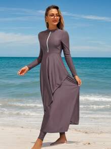 Swim Mulvari 女式两件套泳衣 BURKINI 斋月纯色拉链长裙多层荷叶边下摆端庄收腹泳衣