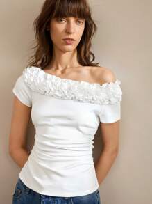 Ontre 女士白色夏季露肩T恤，毕业旅行简约单肩领荷叶边日常简约露肩T恤，音乐节 - 白色 - 查看 8