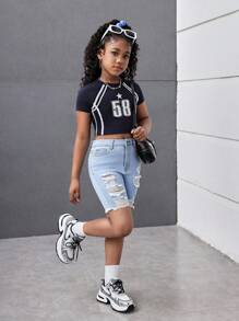 Tween Girls Y2K Spring Summer Break Light Washed High Waist Ripped Raw Hem Denim Jeans Long Shorts,Girls Summer Beach Boho Vacation Summer Denim Biker Shorts, Summer Concert Festival Casual Rave Outfits, Girls Summer Brunch Church Graduation Outfits,Streetwear,Back To School Outfits