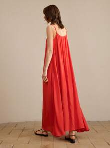 Ontre Váy suông dài bằng vải satin trơn họa tiết mùa hè cho nữ, váy đi nghỉ thanh lịch mùa hè - Đỏ - Xem 3