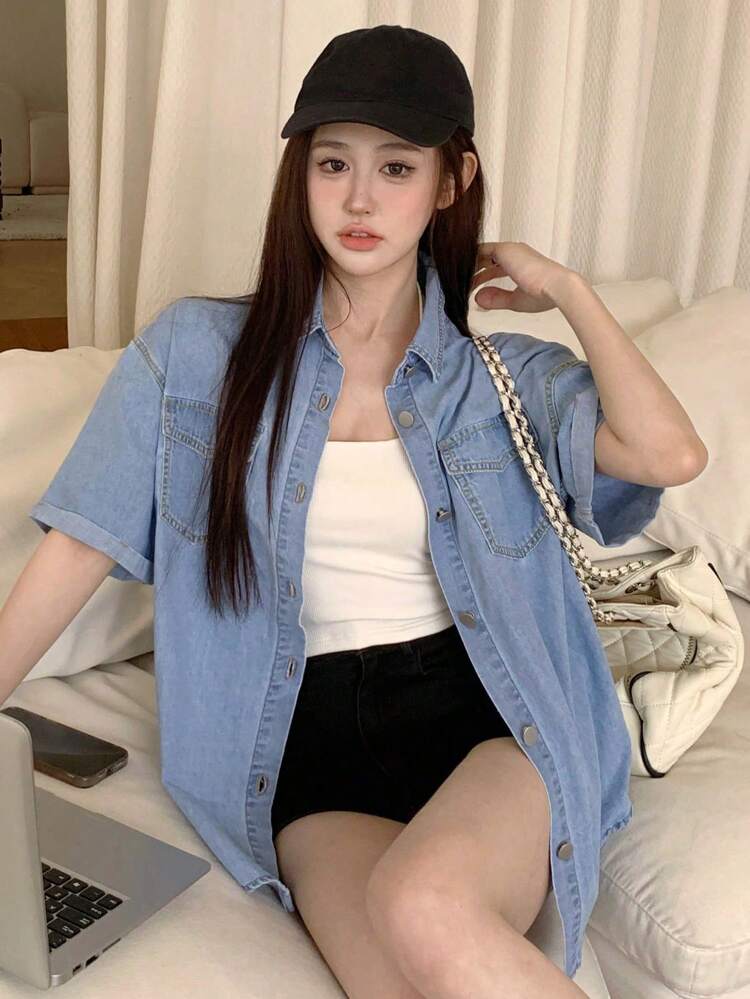 Women's Short Sleeve Single-Breasted Denim Jacket