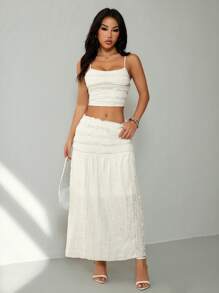 SHEIN PETITE 女士两件套服装优雅荷叶边吊带背心和半身裙两件套，女士度假服装，女士夏季服装，女士西部装，乡村装，度假两件套日常穿着 - 卡其色 - 查看 7