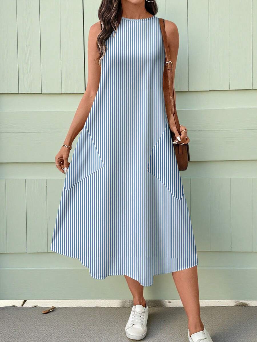 SHEIN LUNE Vestido de media longitud estampado con rayas azules y blancas, casual, adecuado para primavera y verano - Multicolor - Ver 1